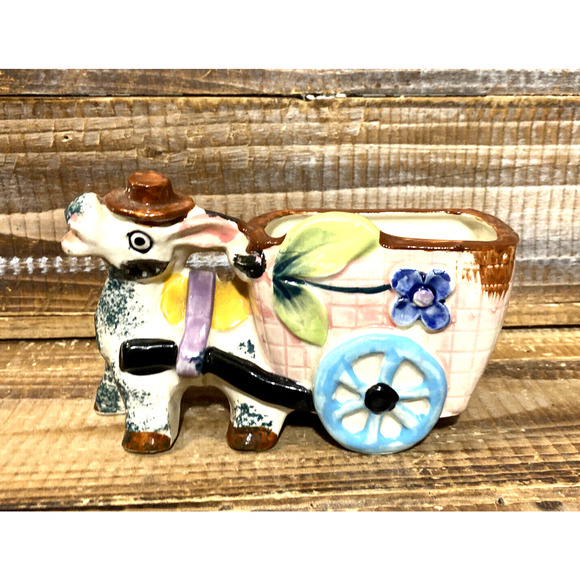 Vintage Mid Century Donkey in a Hat Pulling a Cart Ceramic Planter Japan - Picture 1 of 11